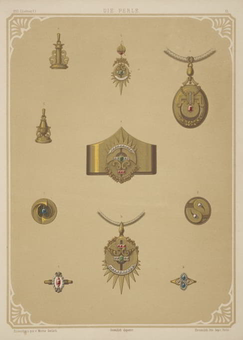 十种珠宝设计，包括镶有钻石和红绿宝石的尖金手镯。