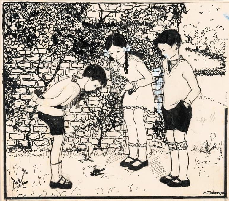 A. Tinbergen - Drie kinderen kijken naar een gevallen vogel