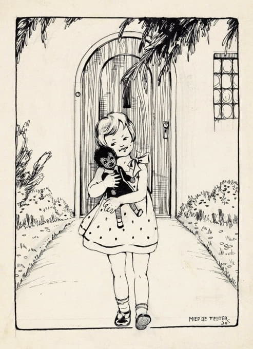 花园小径上带着洋娃娃的女孩