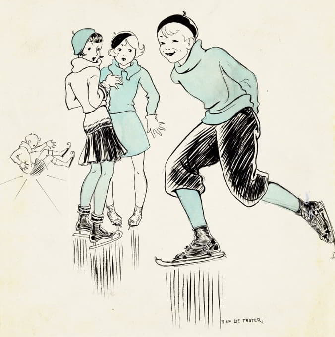 Miep de Feijter - Jongen schaatsend langs twee meisjes