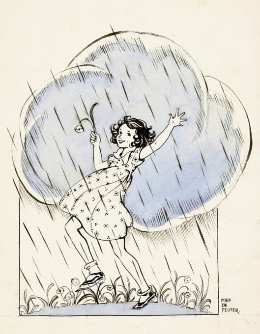 Miep de Feijter - Dansend meisje onder een regenwolk