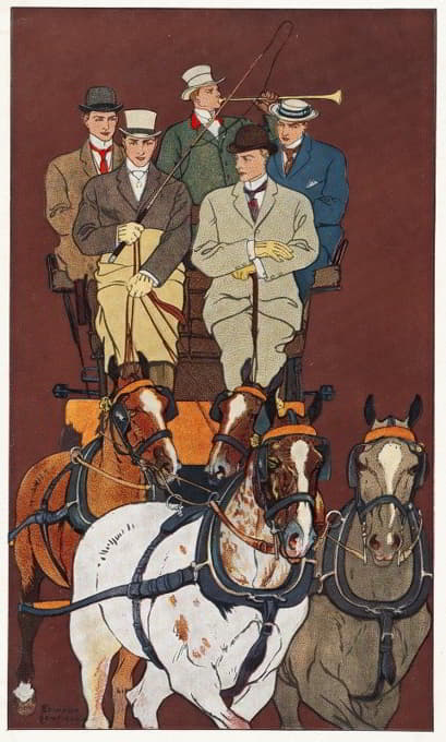 五个人坐在四匹马拉的马车上