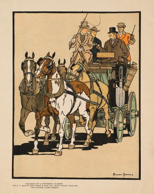 四个人骑在四匹马拉的马车顶上