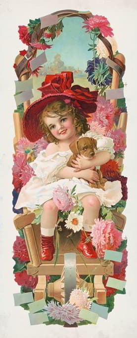 戴着红帽子抱着小狗的小女孩