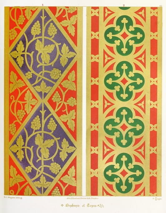 Augustus Pugin - Orphreys of Copes; 1. The Vine ; 2. Crosses Flory in Quatrefoils.
