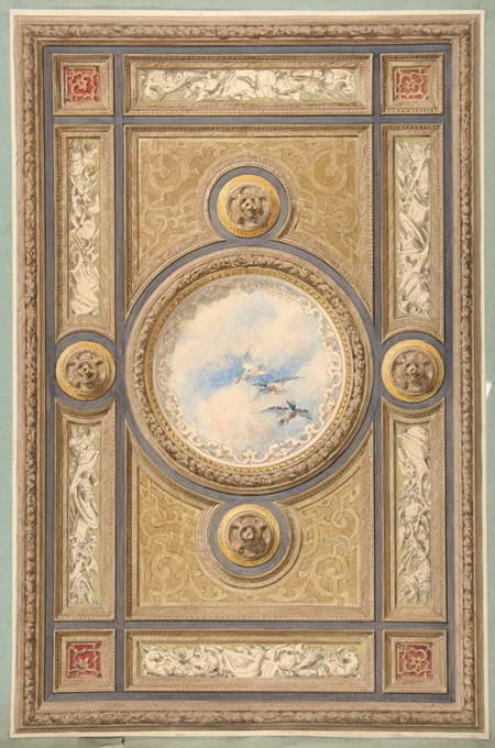 中央圆形面板上有云和鸭的雕刻和绘画天花板设计