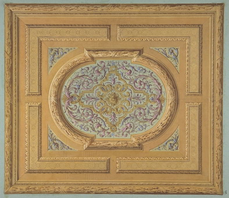 天花板的设计采用橡树叶条带和卷轴和卷轴组成的中央面板装饰