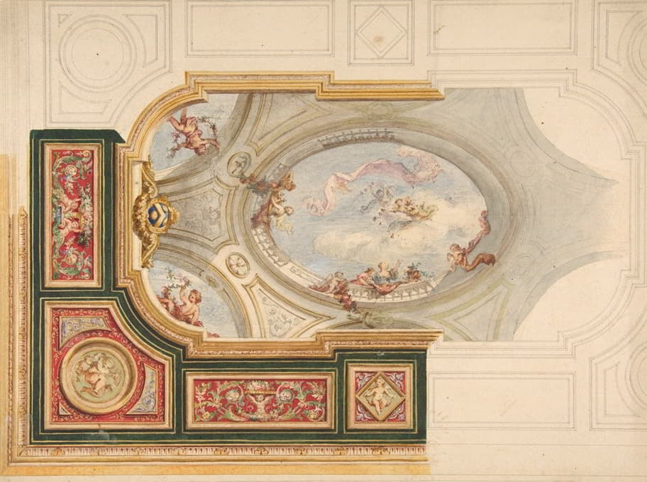 巴洛克风格的天花板设计，带有trompe l'oeil中央面板