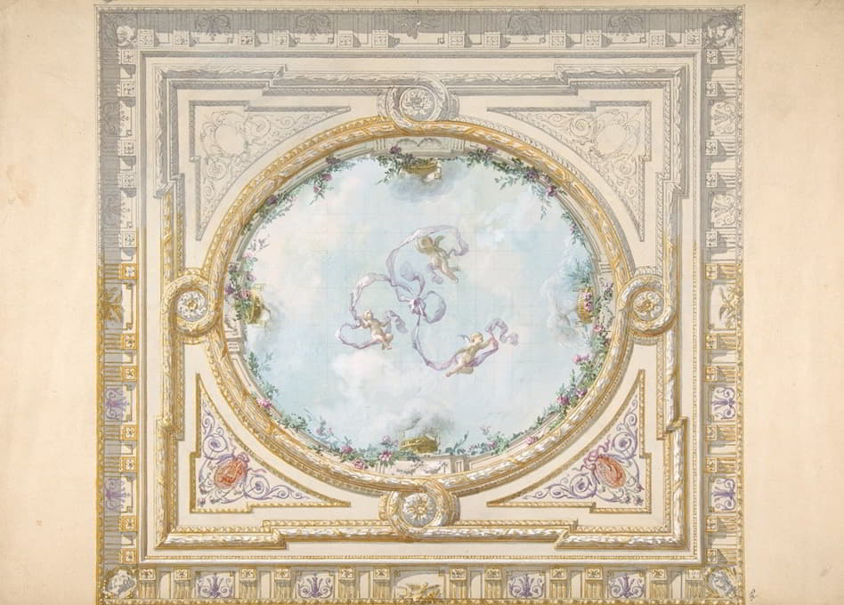 Jules-Edmond-Charles Lachaise - Design for a ceiling in rococo style with a trompe l’oeil oculus