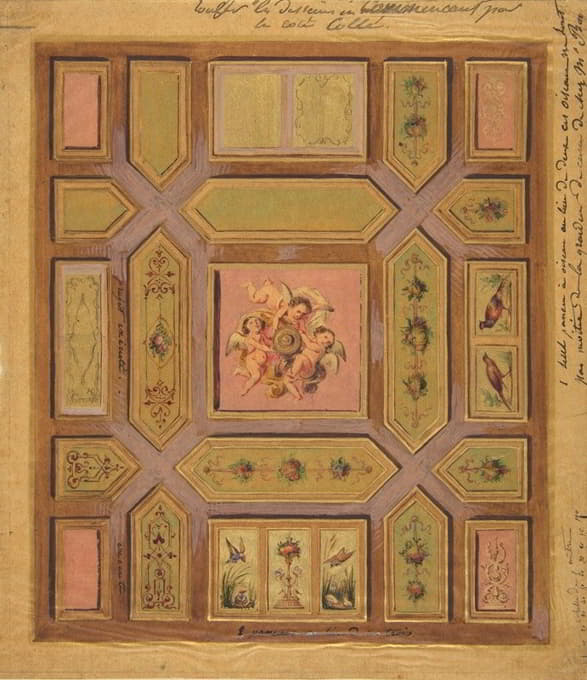 Jules-Edmond-Charles Lachaise - Design for a paneled ceiling painted with putti, birds, and floral motifs on tracing paper; mounted on wove paper