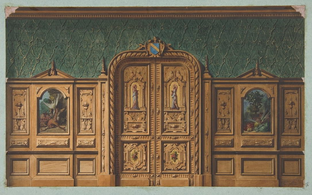一个房间的设计，木板上镶嵌着绘画，还有一扇雕刻得很重的双门