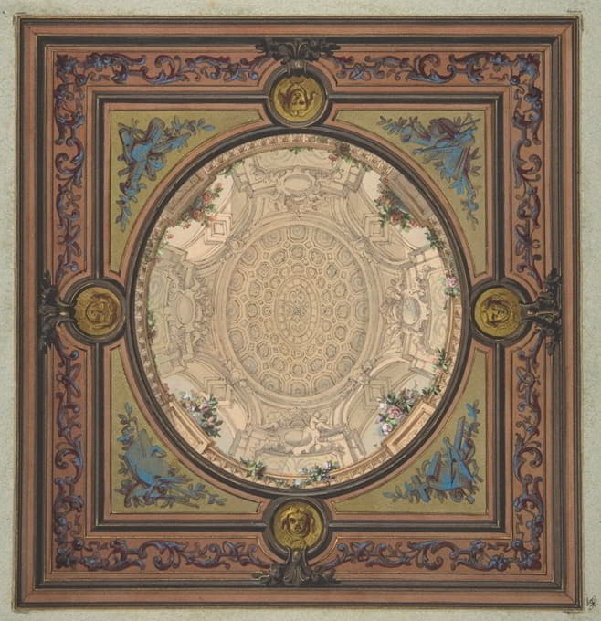 装饰天花板的设计，带有格子圆顶的trompe l'oeil绘画