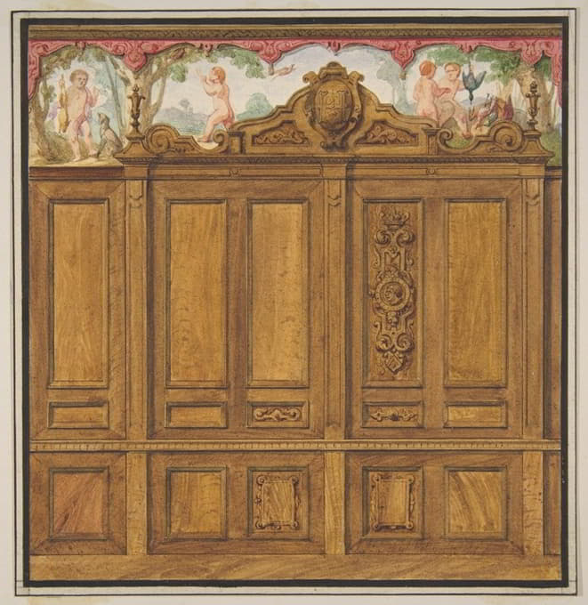 装饰房间的设计，有一个大的木制镶板橱柜，上面有花押字；H