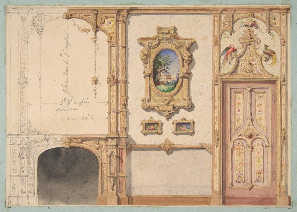 Jules-Edmond-Charles Lachaise - Design for the decoration of a wall punctuated by a fireplace and a door and hung with gold-framed pictures