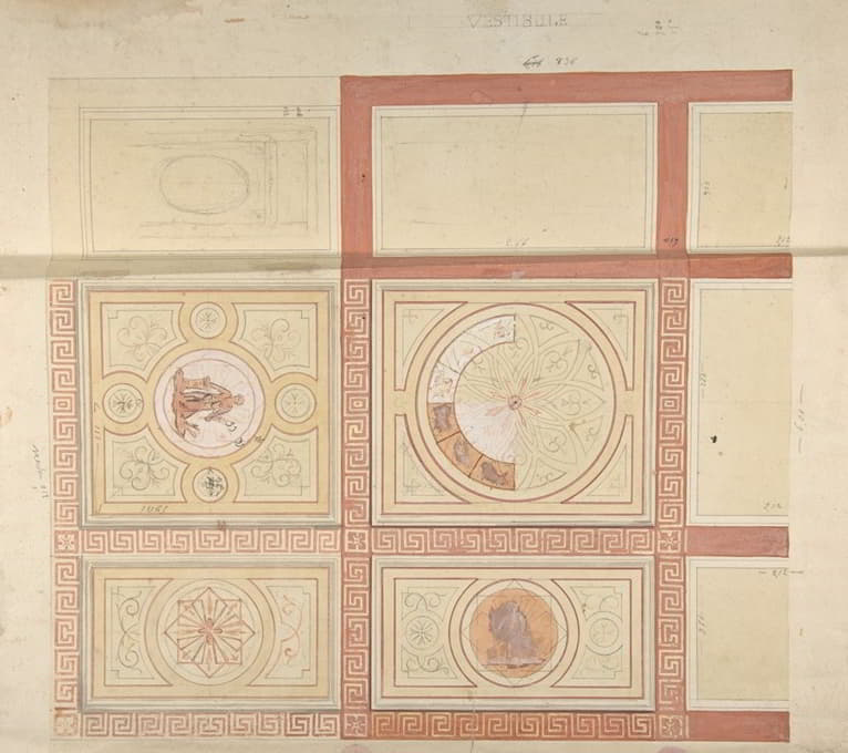 门厅天花板的装饰设计，采用带罗马键边框的彩绘面板