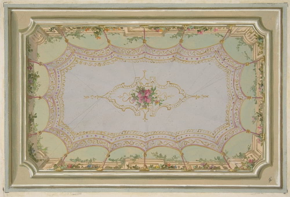 天花板的彩绘装饰设计，带有trompe l'oeil天篷和玫瑰