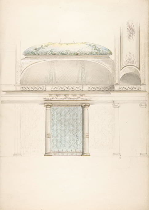 穹顶和柱廊大厅的立面图和横截面图