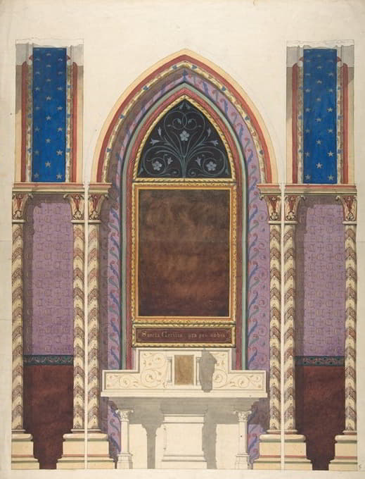 祭坛和彩绘墙装饰的设计立面图