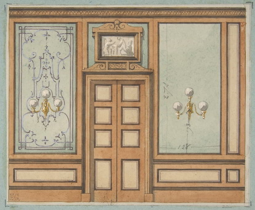Jules-Edmond-Charles Lachaise - Elevation of a paneled interior with double doors and gaslight sconces
