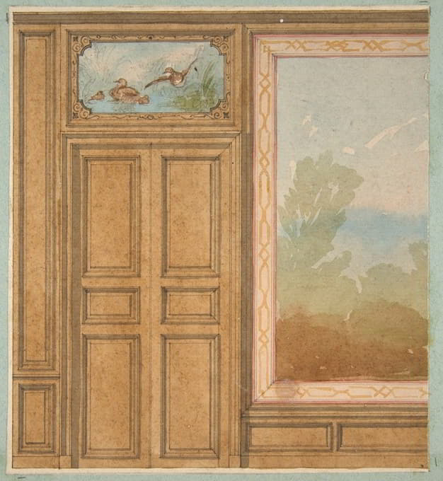 带有壁画或挂毯的镶板墙的立面图，上面有画有鸭子的双门