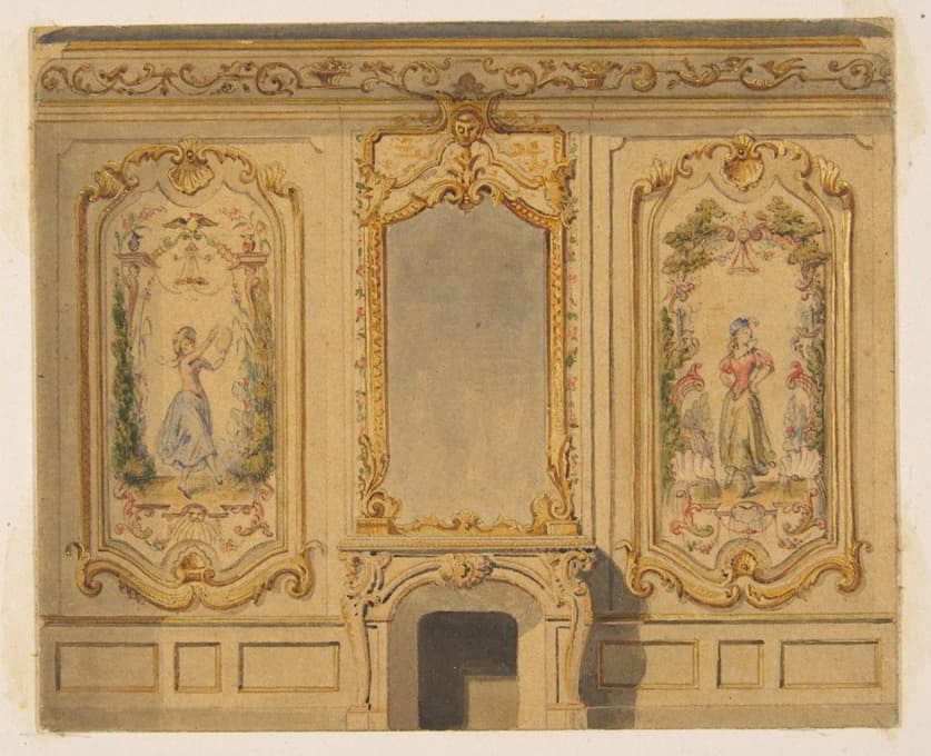 Jules-Edmond-Charles Lachaise - Elevation of an interior wall decorated with a chimney piece surmouted by a mirror and flanked with painted panels