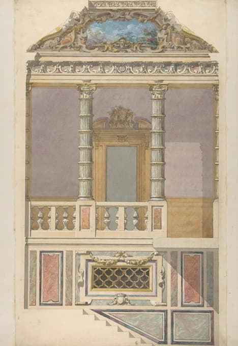 意大利式室内立面图，包括台阶和上部凉廊，用复合柱装饰