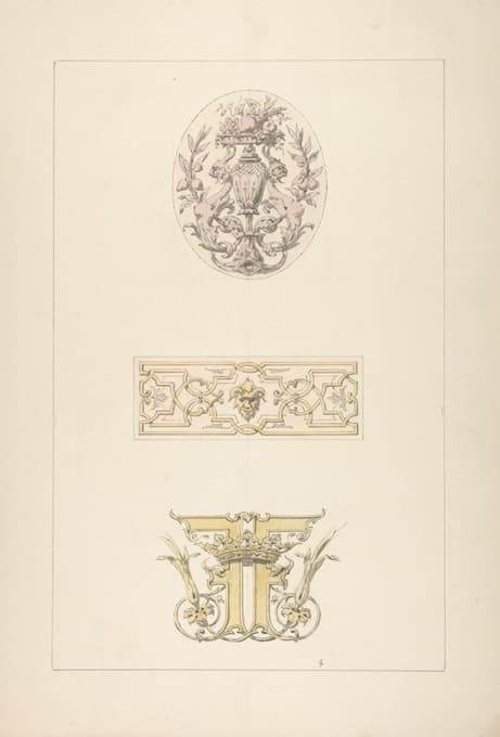 两种设计用于装饰面板，一种设计用于带有皇冠和首字母缩写的装饰花押字；FF
