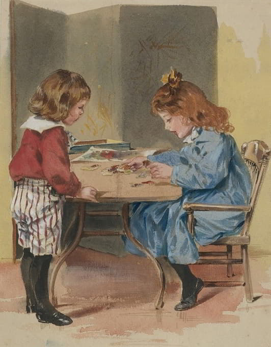 两个孩子在玩拼图