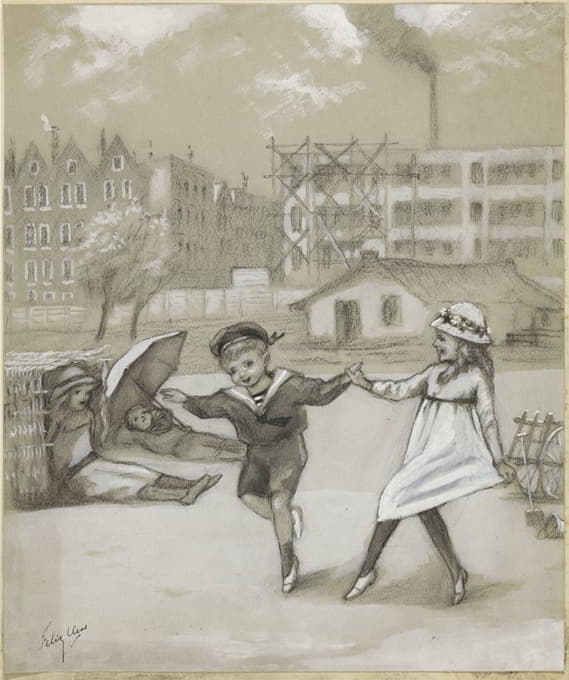 Felix Hess - Dansende jongen en meisje in een stadspark of speeltuin