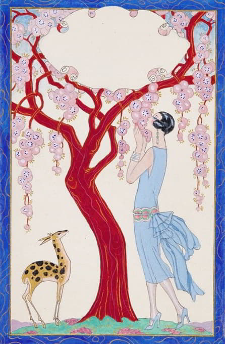 George Barbier - Femme, faon et arbre rouge