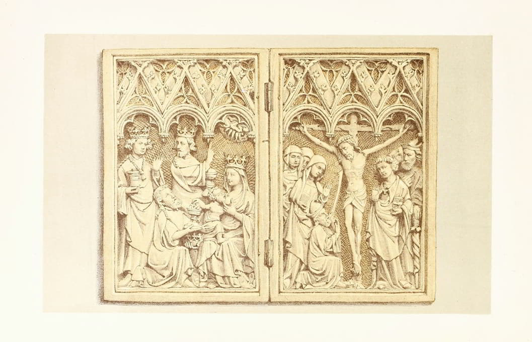 象牙雕刻的双联画，代表对东方三博士的崇拜和受难