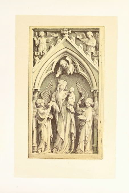雕刻象牙浮雕天使崇拜的圣母和婴儿救世主。