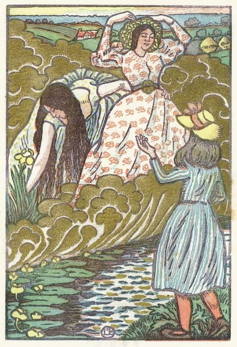 小溪边的一个女孩和两个女人