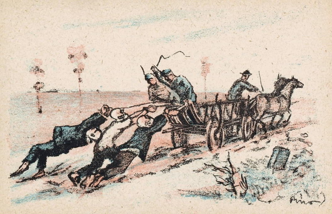 Mihály Biró - Mannen vastgebonden aan een rijdende wagen worden gegeseld door soldaten