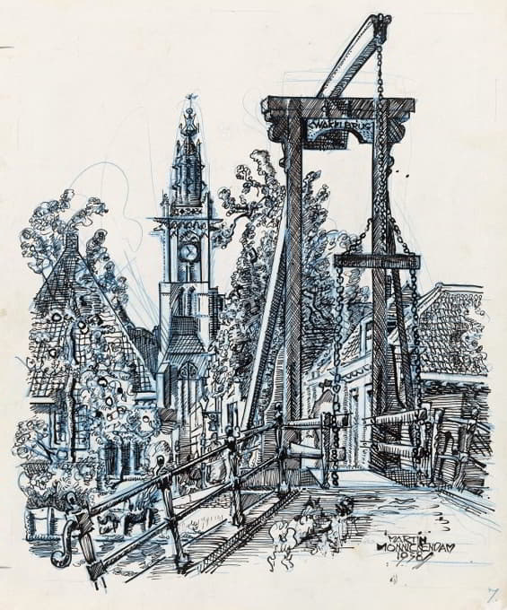 Martin Monnickendam - Gezicht op de Kwakelbrug en de toren van de Onze Lieve Vrouwekerk te Edam