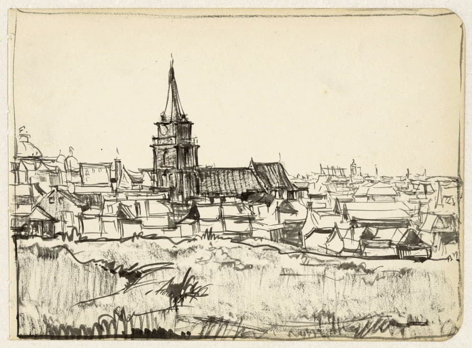 Scheveningen低矮房屋中的教堂视图