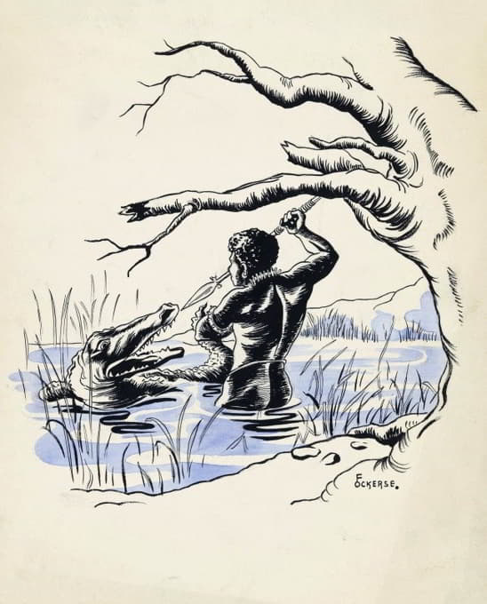 F. Ockerse - Jager valt een krokodil aan in een rivier