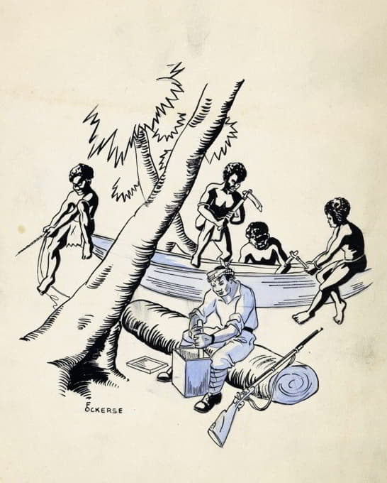 F. Ockerse - Nieuw-Guineese mannen bouwen een kano