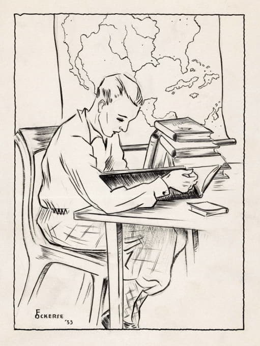 F. Ockerse - Jongeman leest een boek aan een tafel