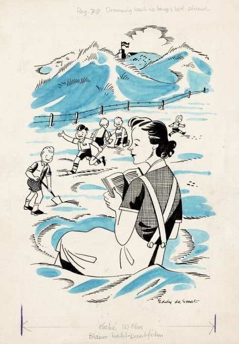 Eddy de Smet - Marjo met spelende kinderen op het strand