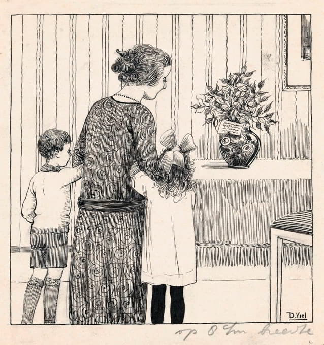 D. Viel - Huib, Zus en Moes kijken naar een boeket met hulst