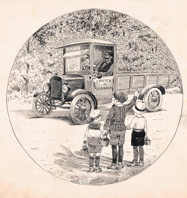 D. Viel - Heintje, Pim en Puck gebaren naar een vrachtauto