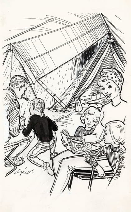 雨天一家人在帐篷里