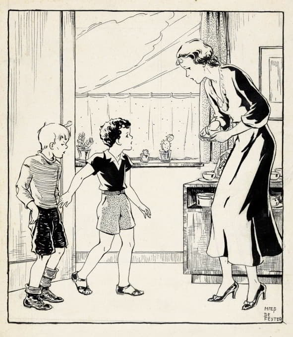 Miep de Feijter - Interieur met twee jongens en een vrouw