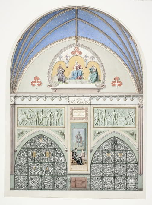 Udkast til hvælvingens dekoration i Christian IV’s kapel i Roskilde Domkirke. I midten Christian IV som barn. Herover to friser med scener fra kongens liv (1845)