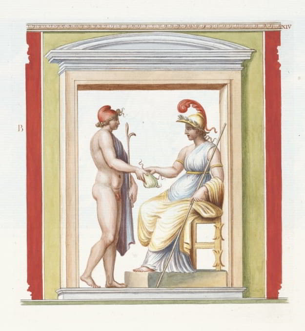 裸体青年走近坐着的雅典娜，描绘在壁龛内。
