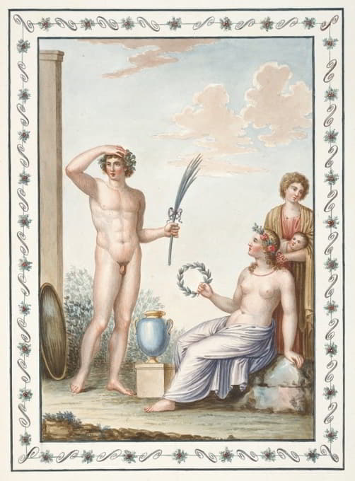 裸体青年手持棕榈枝，部分裸体女子手持花环。