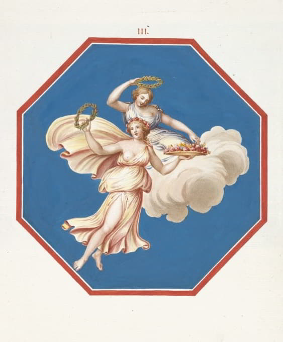 Pierre-Jean Mariette - Octagonal painting of two women riding a cloud and holding wreaths and flowers.