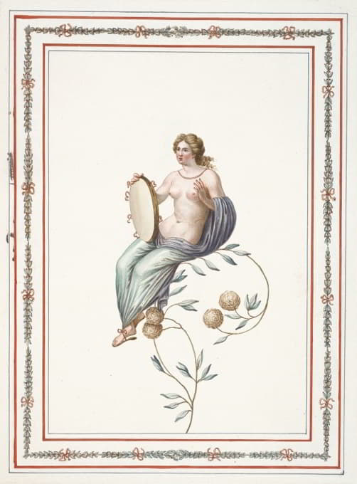 半裸的女人坐在开花的树枝上，手里拿着手鼓。