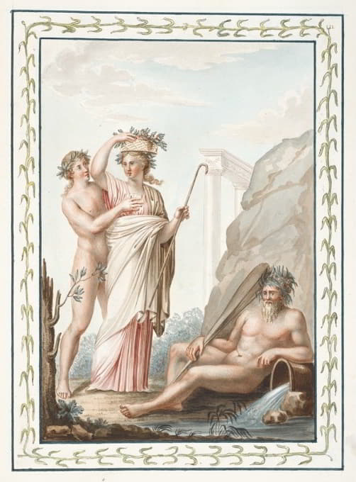 女人头上提着篮子，裸体青年和裸体男子斜靠在水壶旁。